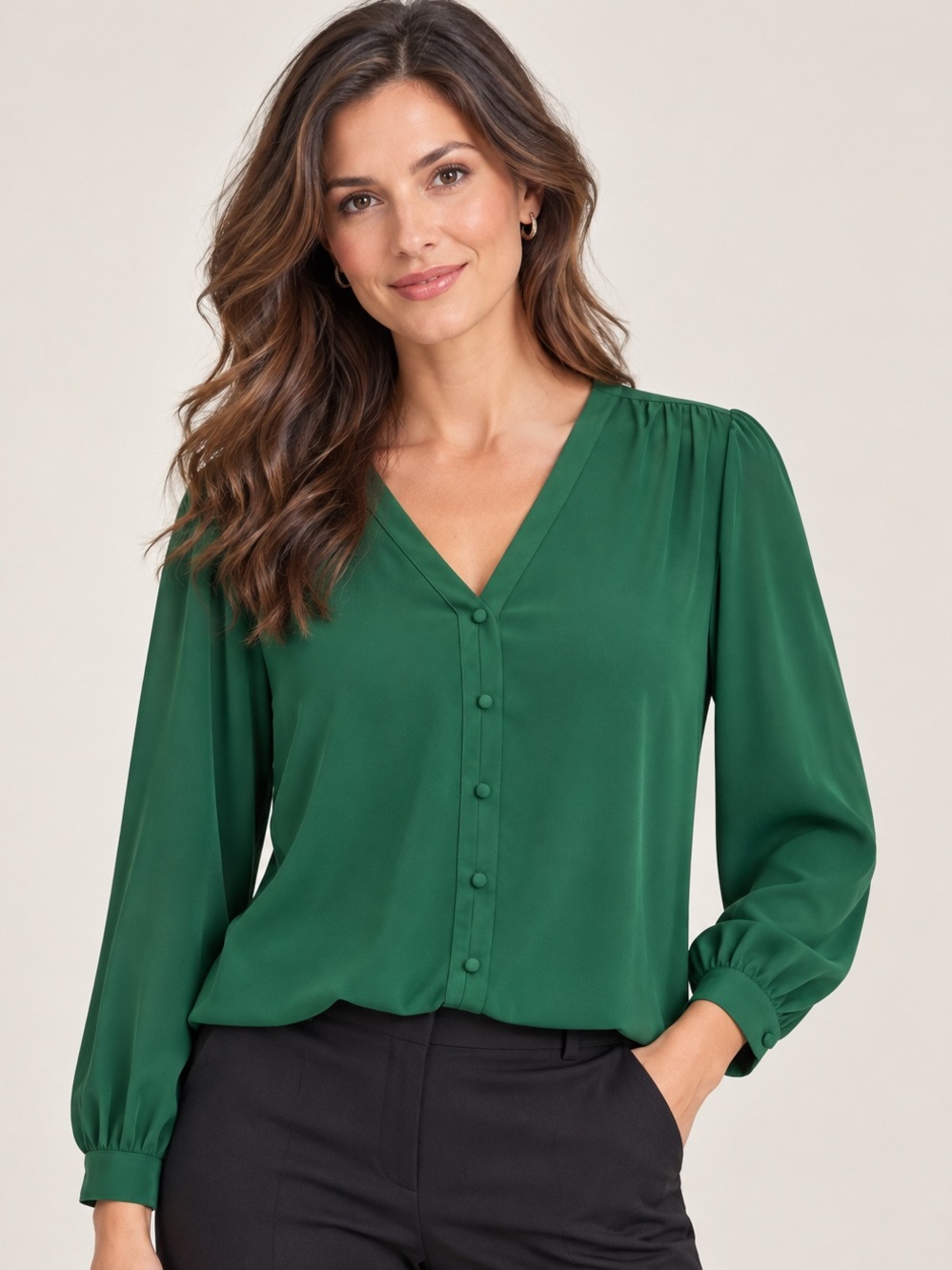Elie Tahari XL Emerald Green V Neck Button Front Career Blouse